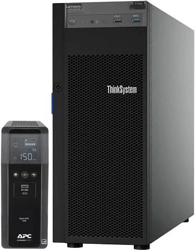 Main image of Lenovo ThinkSystem ST250 Tower Server Bundle Including APC BR1500MS 1500VA UPS, Intel Xeon 3.3GHz CPU, 64GB DDR4 2666MHz RAM, 16TB HDD Storage, JBOD RAID