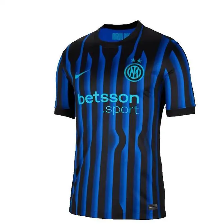 Main image of Men's Inter Milan 25/26 Home Short Sleeve Soccer Fan Jersey, Black & Cyan Wavy Vertical Stripe Football Shirt, Breathable Quick Dry Polyester Athletic Uniform for Training, Match Day & Casual Fan Wear