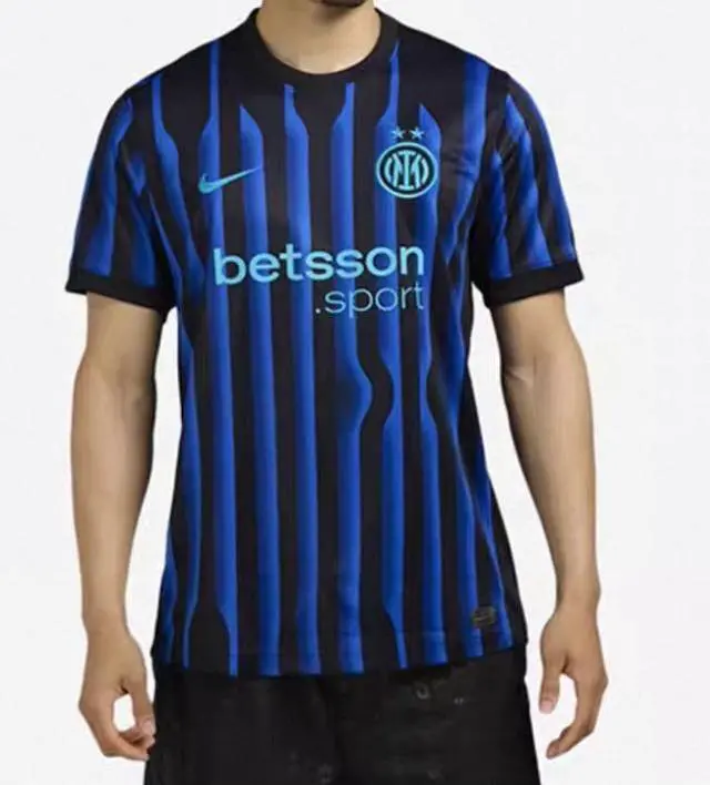 Alt view image 4 of 5 - Men's Inter Milan 25/26 Home Short Sleeve Soccer Fan Jersey, Black & Cyan Wavy Vertical Stripe Football Shirt, Breathable Quick Dry Polyester Athletic Uniform for Training, Match Day & Casual Fan Wear