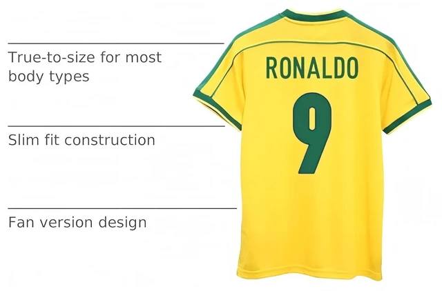 Alt view image 3 of 6 - Brazil Ronaldo #9 Retro Mens Soccer Jersey Fan Edition Short Sleeve Training & Casual Shirt Home & Away 1998 Yellow M