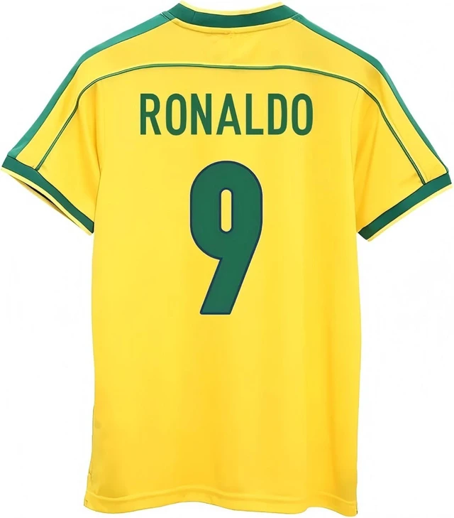 Main image of Brazil Ronaldo #9 Retro Mens Soccer Jersey Fan Edition Short Sleeve Training & Casual Shirt Home & Away 1998 Yellow M