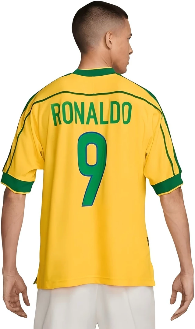 Alt view image 4 of 6 - Brazil Ronaldo #9 Retro Mens Soccer Jersey Fan Edition Short Sleeve Training & Casual Shirt Home & Away 1998 Yellow M