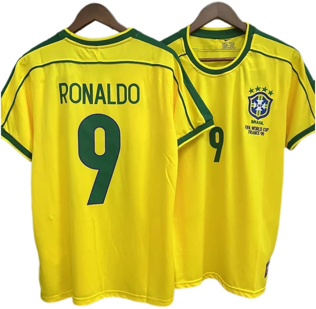 Alt view image 2 of 6 - Brazil Ronaldo #9 Retro Mens Soccer Jersey Fan Edition Short Sleeve Training & Casual Shirt Home & Away 1998 Yellow M