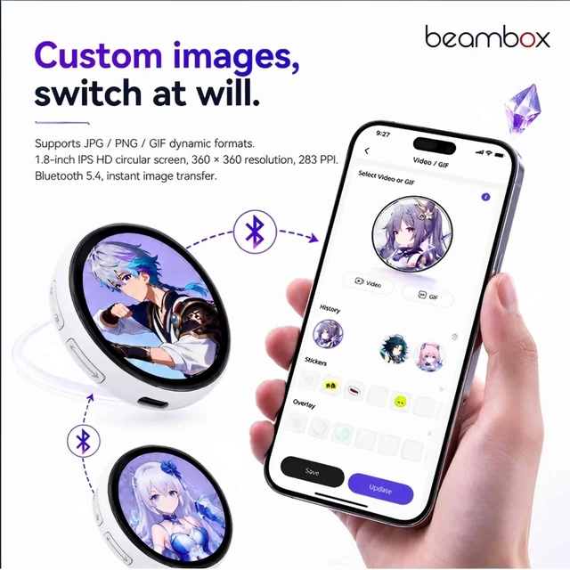 Alt view image 2 of 6 - beambox Nikko Mag Digital Badge pin 1.8" , Mutual & App Share, Custom Photo Video Share for Ita Bag Desktop Companion Gift, Purple