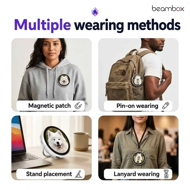 Alt view image 3 of 6 - beambox Nikko Mag Digital Badge pin 1.8" , Mutual & App Share, Custom Photo Video Share for Ita Bag Desktop Companion Gift, Purple
