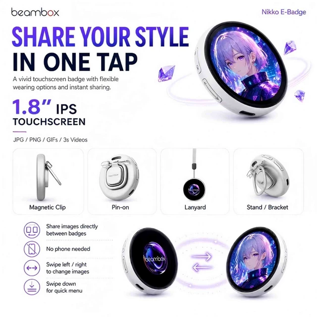 Alt view image 6 of 6 - beambox Nikko Mag Digital Badge pin 1.8" , Mutual & App Share, Custom Photo Video Share for Ita Bag Desktop Companion Gift, Purple