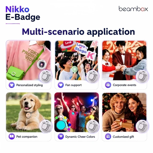 Alt view image 4 of 6 - beambox Nikko Mag Digital Badge pin 1.8" , Mutual & App Share, Custom Photo Video Share for Ita Bag Desktop Companion Gift, Purple