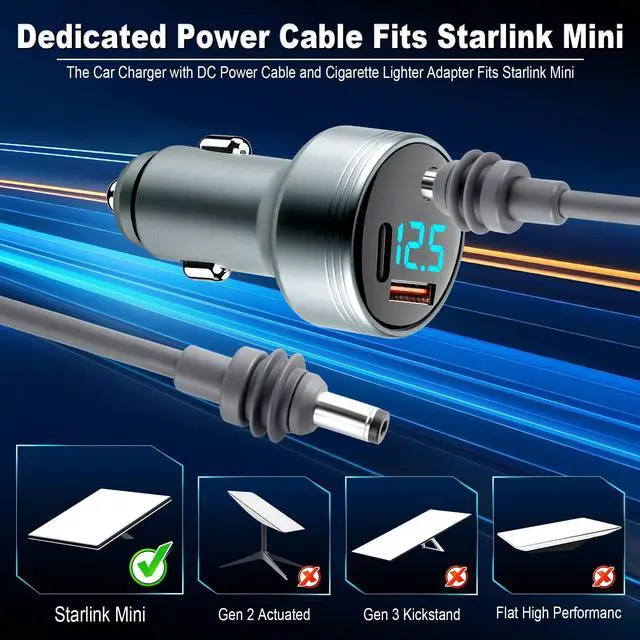 Alt view image 2 of 7 - Car Adapter for Starlink Mini, 3-in-1 Car Charger and DC Power Cable with Cigarette Lighter Adapter, 12V-24V Digital Display, QC 3.0 30W and PD 45W Ports, 16AWG Cable for Car Accessories(10FT)