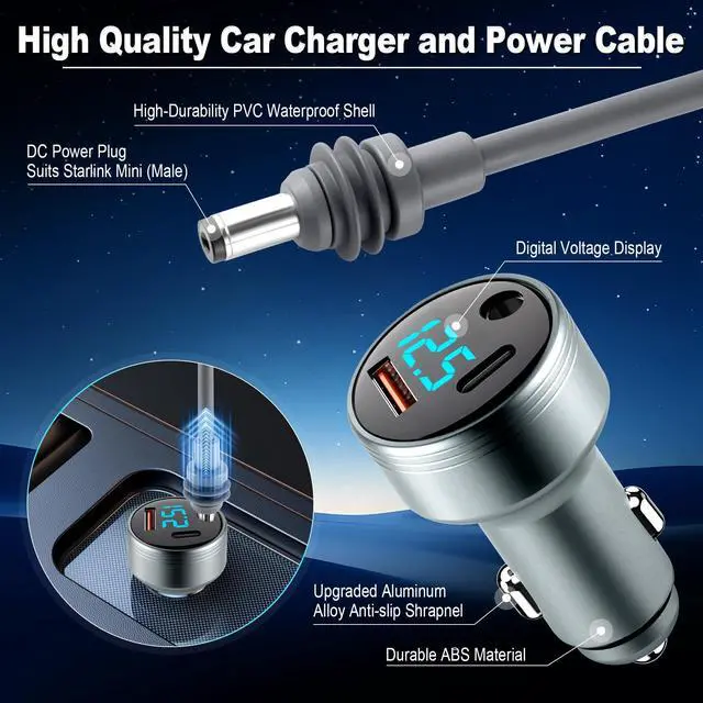 Alt view image 3 of 7 - Car Adapter for Starlink Mini, 3-in-1 Car Charger and DC Power Cable with Cigarette Lighter Adapter, 12V-24V Digital Display, QC 3.0 30W and PD 45W Ports, 16AWG Cable for Car Accessories(10FT)