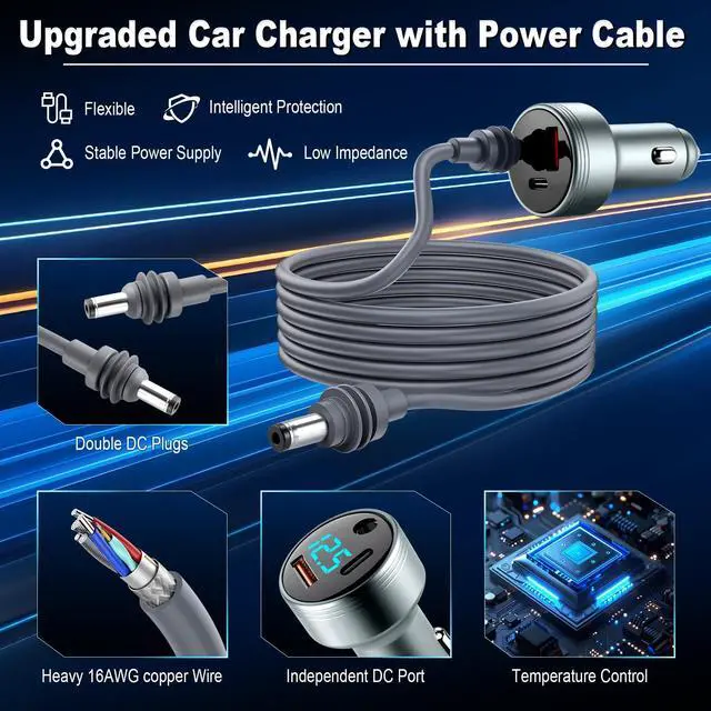 Alt view image 4 of 7 - Car Adapter for Starlink Mini, 3-in-1 Car Charger and DC Power Cable with Cigarette Lighter Adapter, 12V-24V Digital Display, QC 3.0 30W and PD 45W Ports, 16AWG Cable for Car Accessories(10FT)