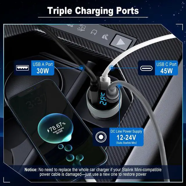 Alt view image 5 of 7 - Car Adapter for Starlink Mini, 3-in-1 Car Charger and DC Power Cable with Cigarette Lighter Adapter, 12V-24V Digital Display, QC 3.0 30W and PD 45W Ports, 16AWG Cable for Car Accessories(10FT)