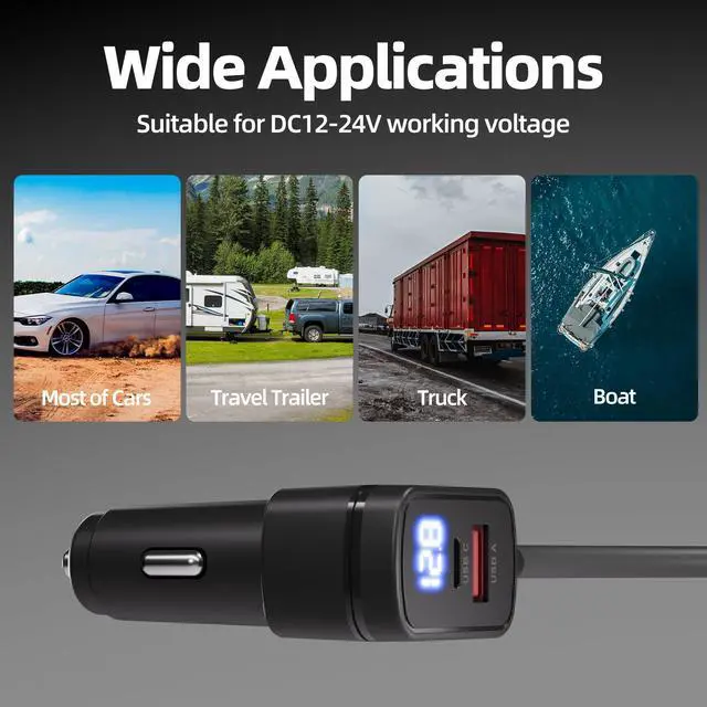 Alt view image 4 of 6 - Starlink Mini Car Charger, Star Link Mini DC Power Cable 10FT/3FT, Mini Starlink Accessories 100W 12V-24V Cigarette Lighter Adapter with USB, Type-C Port and Voltmeter, Waterproof DC Plug