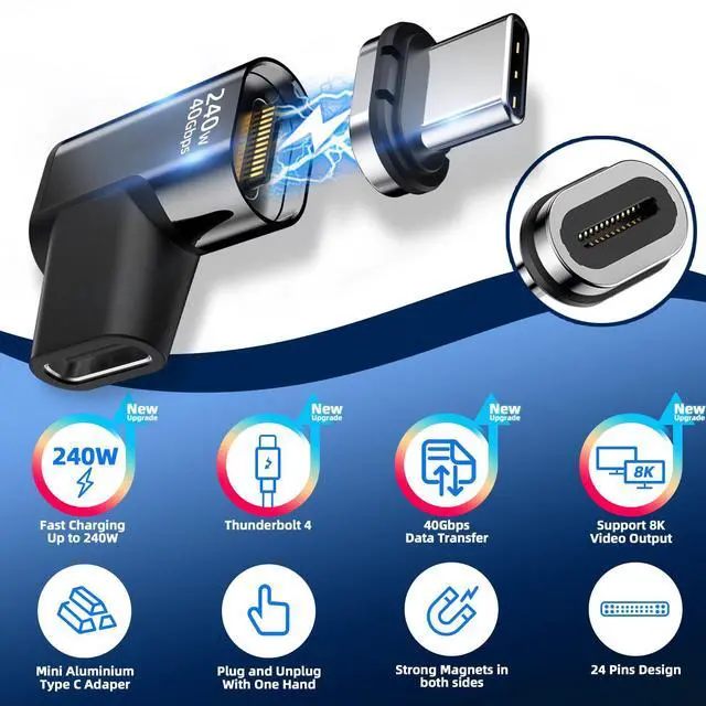 Alt view image 2 of 7 - 240W USB C Magnetic Adapter, (2 Pack) Magnetic USB C Adapter Right Angle 24Pin with USBC 4 40Gbps 8K 60Hz for iPhone 16/15 Series, Thunderbolt 3/4, MacBook Pro/Air and More Type C Devices