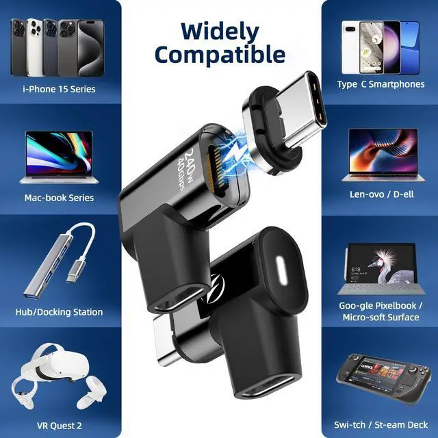 Alt view image 4 of 7 - 240W USB C Magnetic Adapter, (2 Pack) Magnetic USB C Adapter Right Angle 24Pin with USBC 4 40Gbps 8K 60Hz for iPhone 16/15 Series, Thunderbolt 3/4, MacBook Pro/Air and More Type C Devices