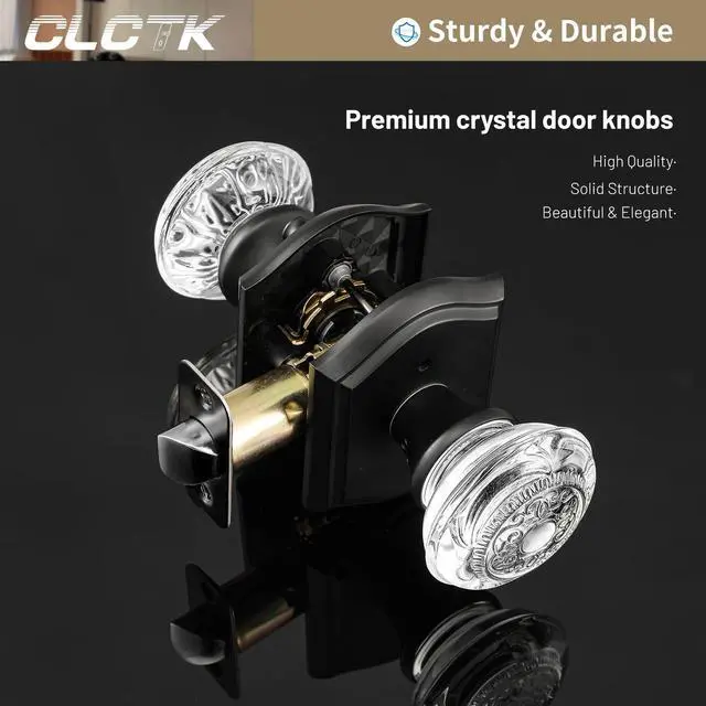 Alt view image 2 of 7 - Glass Door Knobs Interior with Lock, Vintage Crystal Privacy Matte Black Door Knobs for Bedroom Bathroom, 1 Pack