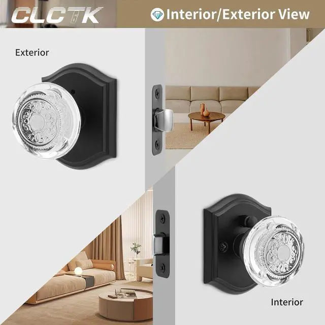 Alt view image 3 of 7 - Glass Door Knobs Interior with Lock, Vintage Crystal Privacy Matte Black Door Knobs for Bedroom Bathroom, 1 Pack