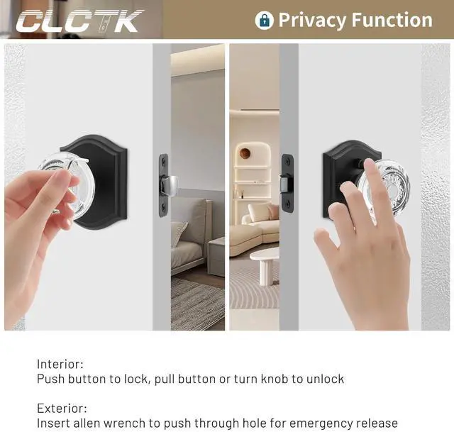 Alt view image 4 of 7 - Glass Door Knobs Interior with Lock, Vintage Crystal Privacy Matte Black Door Knobs for Bedroom Bathroom, 1 Pack