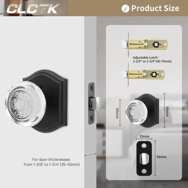 Alt view image 6 of 7 - Glass Door Knobs Interior with Lock, Vintage Crystal Privacy Matte Black Door Knobs for Bedroom Bathroom, 1 Pack