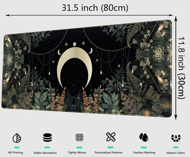 Alt view image 2 of 4 - Cute Green Forest Leaves Desk Mat Whimsical Moon Mousepad XL Large Extended Gaming Mouse Pad with Stitched Edges, Computer Laptop Keyboard Mouse Mat Desk Pad 31.5x11.8 in Non-Slip Rubber Base