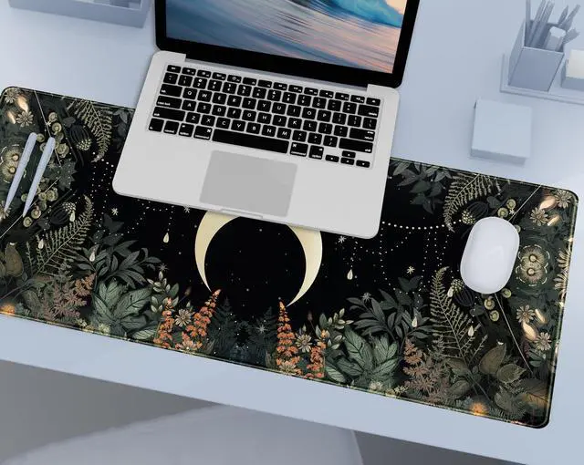 Alt view image 3 of 4 - Cute Green Forest Leaves Desk Mat Whimsical Moon Mousepad XL Large Extended Gaming Mouse Pad with Stitched Edges, Computer Laptop Keyboard Mouse Mat Desk Pad 31.5x11.8 in Non-Slip Rubber Base