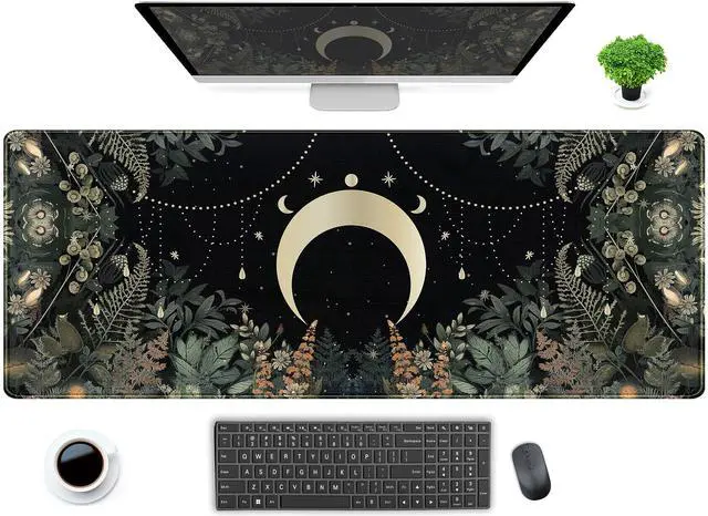 Main image of Cute Green Forest Leaves Desk Mat Whimsical Moon Mousepad XL Large Extended Gaming Mouse Pad with Stitched Edges, Computer Laptop Keyboard Mouse Mat Desk Pad 31.5x11.8 in Non-Slip Rubber Base