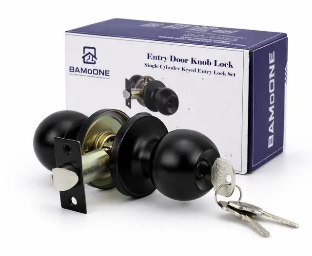 Main image of Keyed Entry Door Knob with Lock and Key, Round Exterior Front Door Knob, Single Cylinder Lockset, Fits Left & Right Hand Doors (Matte Black)