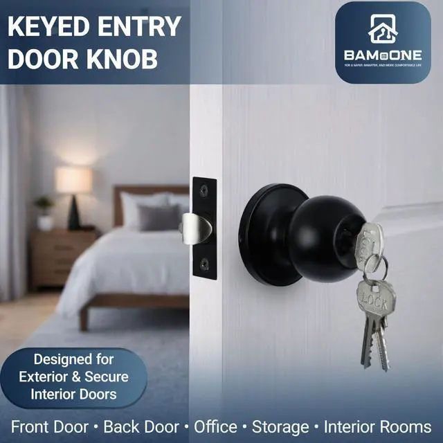 Alt view image 2 of 7 - Keyed Entry Door Knob with Lock and Key, Round Exterior Front Door Knob, Single Cylinder Lockset, Fits Left & Right Hand Doors (Matte Black)