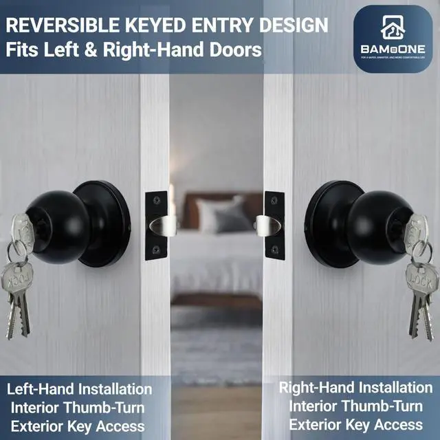 Alt view image 3 of 7 - Keyed Entry Door Knob with Lock and Key, Round Exterior Front Door Knob, Single Cylinder Lockset, Fits Left & Right Hand Doors (Matte Black)