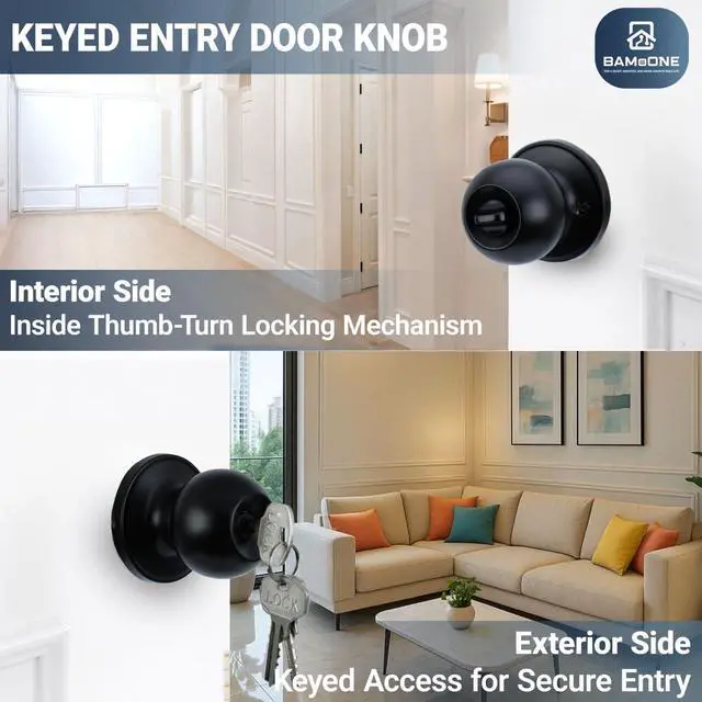 Alt view image 4 of 7 - Keyed Entry Door Knob with Lock and Key, Round Exterior Front Door Knob, Single Cylinder Lockset, Fits Left & Right Hand Doors (Matte Black)