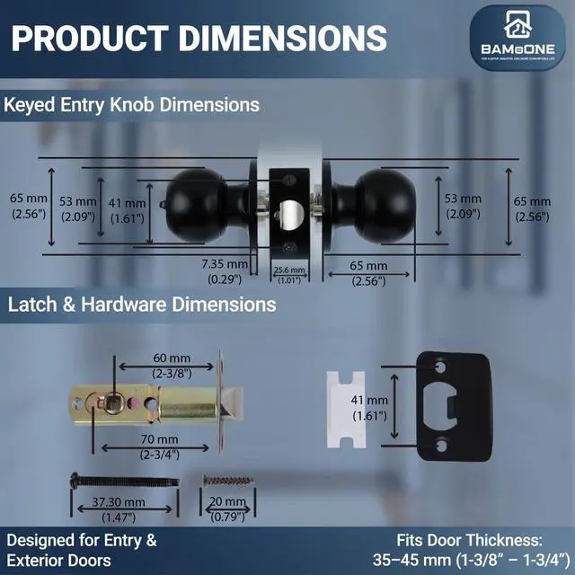 Alt view image 7 of 7 - Keyed Entry Door Knob with Lock and Key, Round Exterior Front Door Knob, Single Cylinder Lockset, Fits Left & Right Hand Doors (Matte Black)