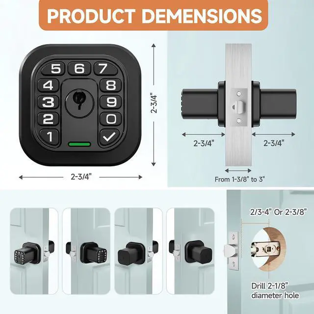 Alt view image 5 of 7 - Square Door Knob with Keypad, Keylees Entry Door Lock with Cylinder, Auto Lock, Waterproof & Weatherproof Code Doorknob for Outdoor & Indoor, Bedroom, Entry Door,Office -Matte Black