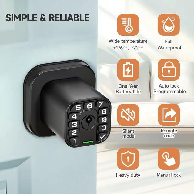 Alt view image 3 of 7 - Square Door Knob with Keypad, Keylees Entry Door Lock with Cylinder, Auto Lock, Waterproof & Weatherproof Code Doorknob for Outdoor & Indoor, Bedroom, Entry Door,Office -Matte Black