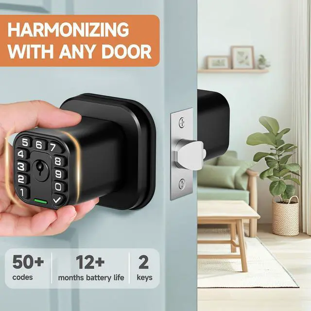 Alt view image 2 of 7 - Square Door Knob with Keypad, Keylees Entry Door Lock with Cylinder, Auto Lock, Waterproof & Weatherproof Code Doorknob for Outdoor & Indoor, Bedroom, Entry Door,Office -Matte Black