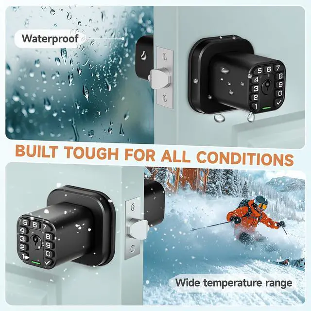 Alt view image 4 of 7 - Square Door Knob with Keypad, Keylees Entry Door Lock with Cylinder, Auto Lock, Waterproof & Weatherproof Code Doorknob for Outdoor & Indoor, Bedroom, Entry Door,Office -Matte Black