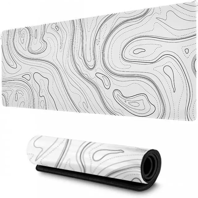 Main image of White Topographic Gaming Mouse Pad XL,35.4" x 15.7" Large Desk Mat,Topo Lines Minimalist Desk Pad for Office Home,Waterproof Rubber Base Extended Keyboard Mat for Laptop,Gamer, Desk Decor