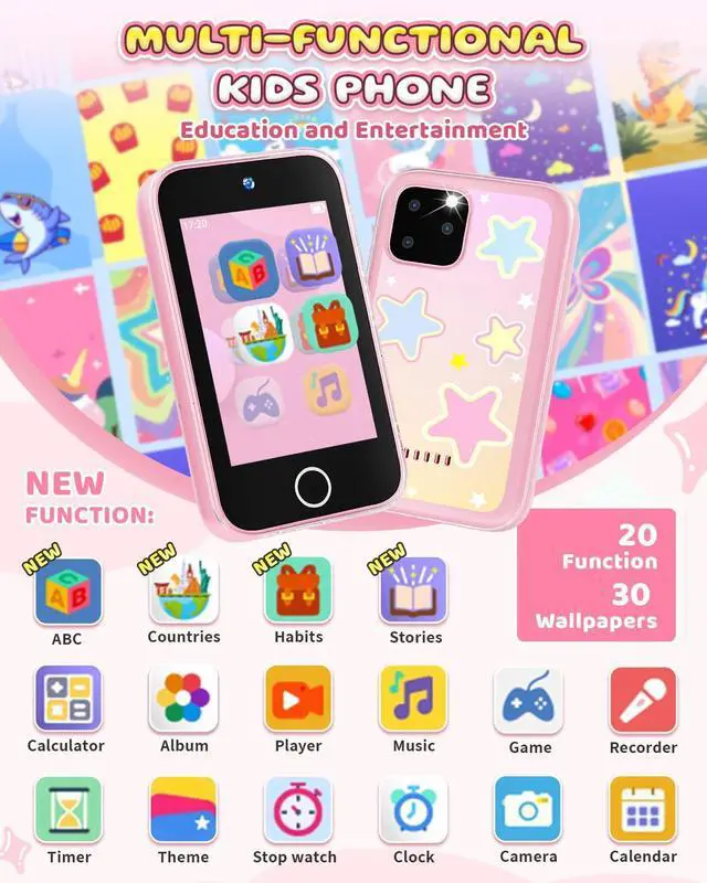 Alt view image 2 of 7 - Kids Smart Phone for Girls, Upgraded 3.5'' Touchscreen Phone for Kids Age 3-8, Christmas Birthday Gifts, Dual Camera Music Player Puzzle Games, Learning Toy for 3 4 5 6 7 8 Year Old Girls