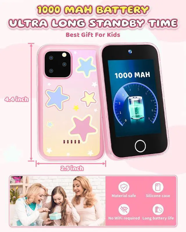 Alt view image 7 of 7 - Kids Smart Phone for Girls, Upgraded 3.5'' Touchscreen Phone for Kids Age 3-8, Christmas Birthday Gifts, Dual Camera Music Player Puzzle Games, Learning Toy for 3 4 5 6 7 8 Year Old Girls