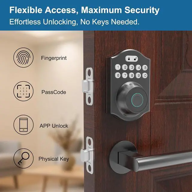 Alt view image 2 of 7 - Fingerprint Smart Door Lock with Keyless Entry, Keypad Door Lock, Tuya App Control, Auto Lock, Easy DlY Installation, Smart Deadbolt for Home, Apartment, Airbnb (Black)