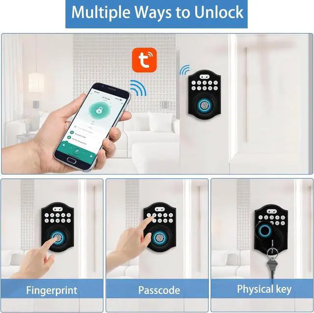Alt view image 7 of 7 - Fingerprint Smart Door Lock with Keyless Entry, Keypad Door Lock, Tuya App Control, Auto Lock, Easy DlY Installation, Smart Deadbolt for Home, Apartment, Airbnb (Black)
