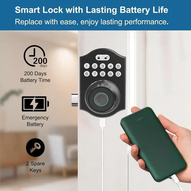 Alt view image 4 of 7 - Fingerprint Smart Door Lock with Keyless Entry, Keypad Door Lock, Tuya App Control, Auto Lock, Easy DlY Installation, Smart Deadbolt for Home, Apartment, Airbnb (Black)