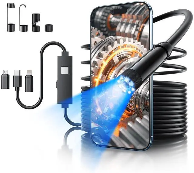 Main image of Endoscope Camera with Light, 1920P HD Bore Scope Borescope with 8 Lights, Waterproof 16.4FT Semi-Rigid Cord for Pipe Inspection, Industrial Endoscope for Phones(Black)
