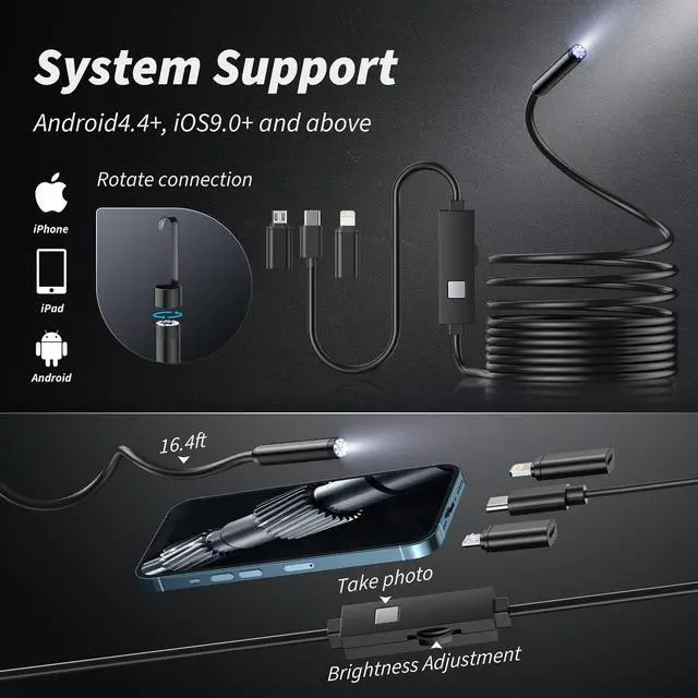 Alt view image 7 of 7 - Endoscope Camera with Light, 1920P HD Bore Scope Borescope with 8 Lights, Waterproof 16.4FT Semi-Rigid Cord for Pipe Inspection, Industrial Endoscope for Phones(Black)