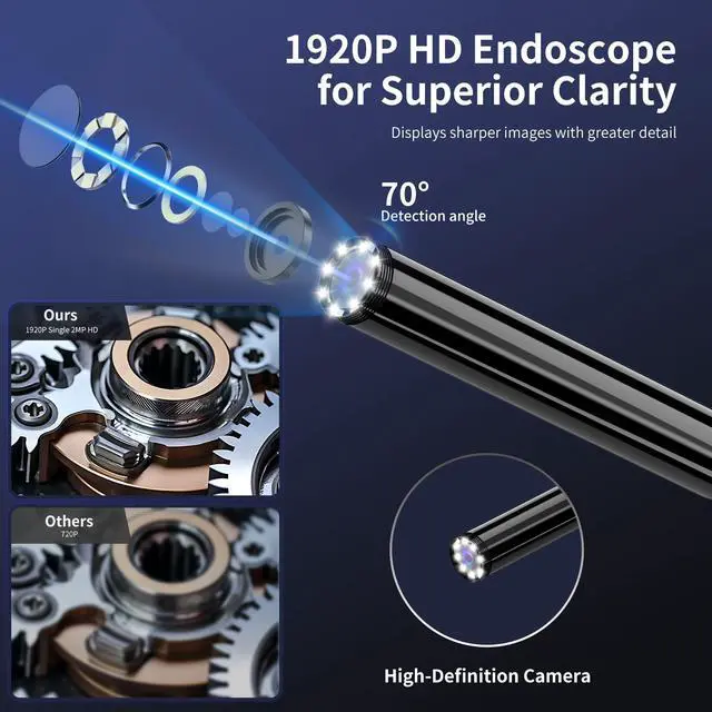 Alt view image 2 of 7 - Endoscope Camera with Light, 1920P HD Borescope Inspection Camera with 8 Adjustable LEDs, IP67 Waterproof Semi-Rigid Snake Cable for Android, iPhone, and iPad(16.4ft, Single Lens)