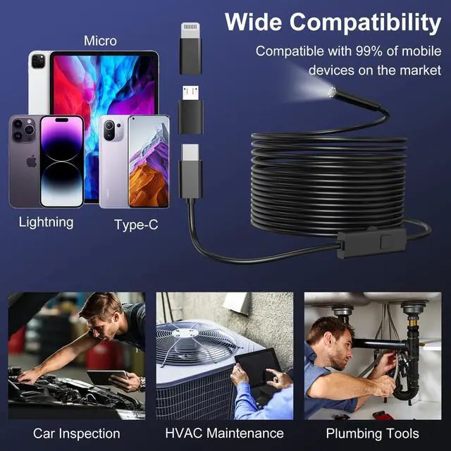 Alt view image 5 of 7 - Endoscope Camera with Light, 1920P HD Borescope Inspection Camera with 8 Adjustable LEDs, IP67 Waterproof Semi-Rigid Snake Cable for Android, iPhone, and iPad(16.4ft, Single Lens)