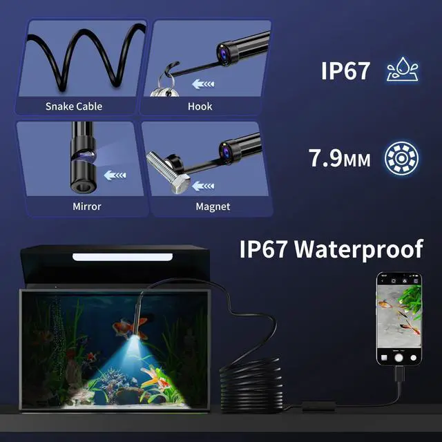 Alt view image 4 of 7 - Endoscope Camera with Light, 1920P HD Borescope Inspection Camera with 8 Adjustable LEDs, IP67 Waterproof Semi-Rigid Snake Cable for Android, iPhone, and iPad(16.4ft, Single Lens)
