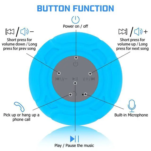 Alt view image 4 of 6 - Waterproof Bluetooth Shower Speaker Portable Wireless Water-Resistant Speaker Suction Cup,Built-in Mic Gifts for Kids Speakerphone for iPhone Phone Tablet Bathroom Kitchen - Blue