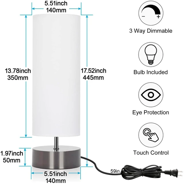 Alt view image 2 of 7 - Touch Table Lamp, 3-Way Dimmable Bedside Lamp with Cylinder Fabric Shade | Modern Minimalist Accent Nightstand Desk Lamp, Night Light for Bedroom Living Room Kitchen, LED Bulb Included