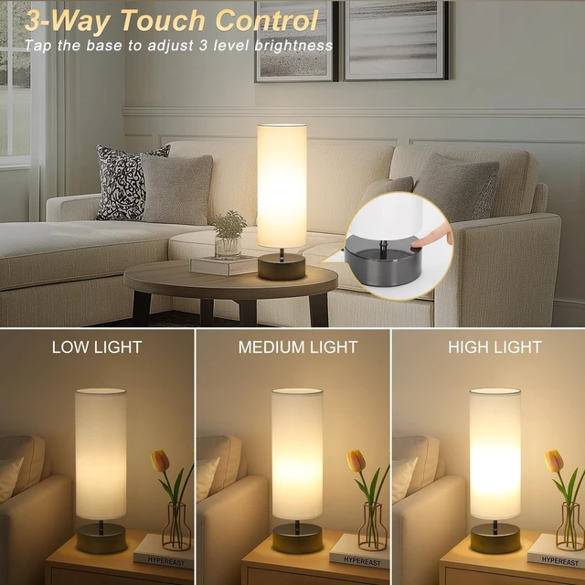 Alt view image 3 of 7 - Touch Table Lamp, 3-Way Dimmable Bedside Lamp with Cylinder Fabric Shade | Modern Minimalist Accent Nightstand Desk Lamp, Night Light for Bedroom Living Room Kitchen, LED Bulb Included