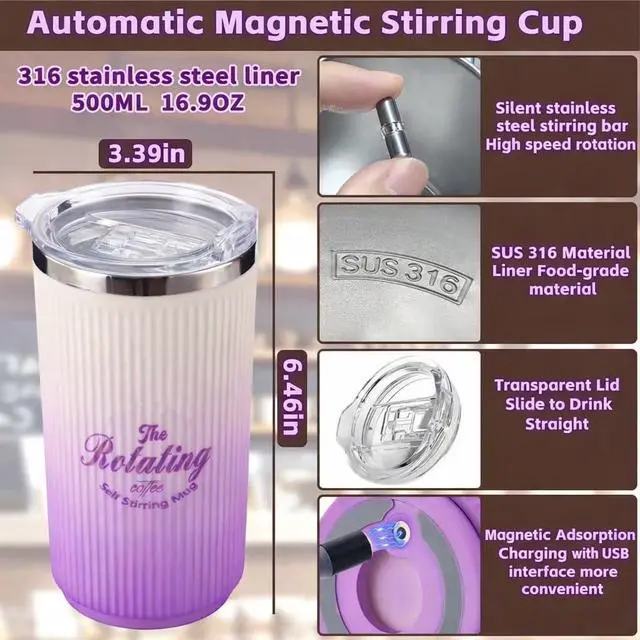 Alt view image 2 of 6 - Self Stirring Coffee Mug, 16.9oz / 500ml Magnetic Stirring Cup, SUS 316 Stainless Steel Auto Mixing Mug with Slide Lid, Rechargeable Self Stirring Mug for Coffee & Office Use (Purple)