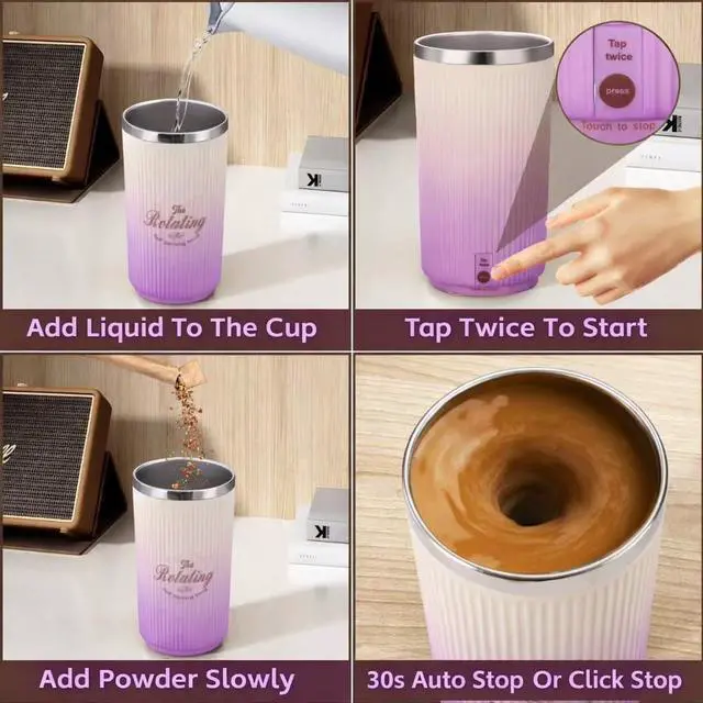 Alt view image 3 of 6 - Self Stirring Coffee Mug, 16.9oz / 500ml Magnetic Stirring Cup, SUS 316 Stainless Steel Auto Mixing Mug with Slide Lid, Rechargeable Self Stirring Mug for Coffee & Office Use (Purple)